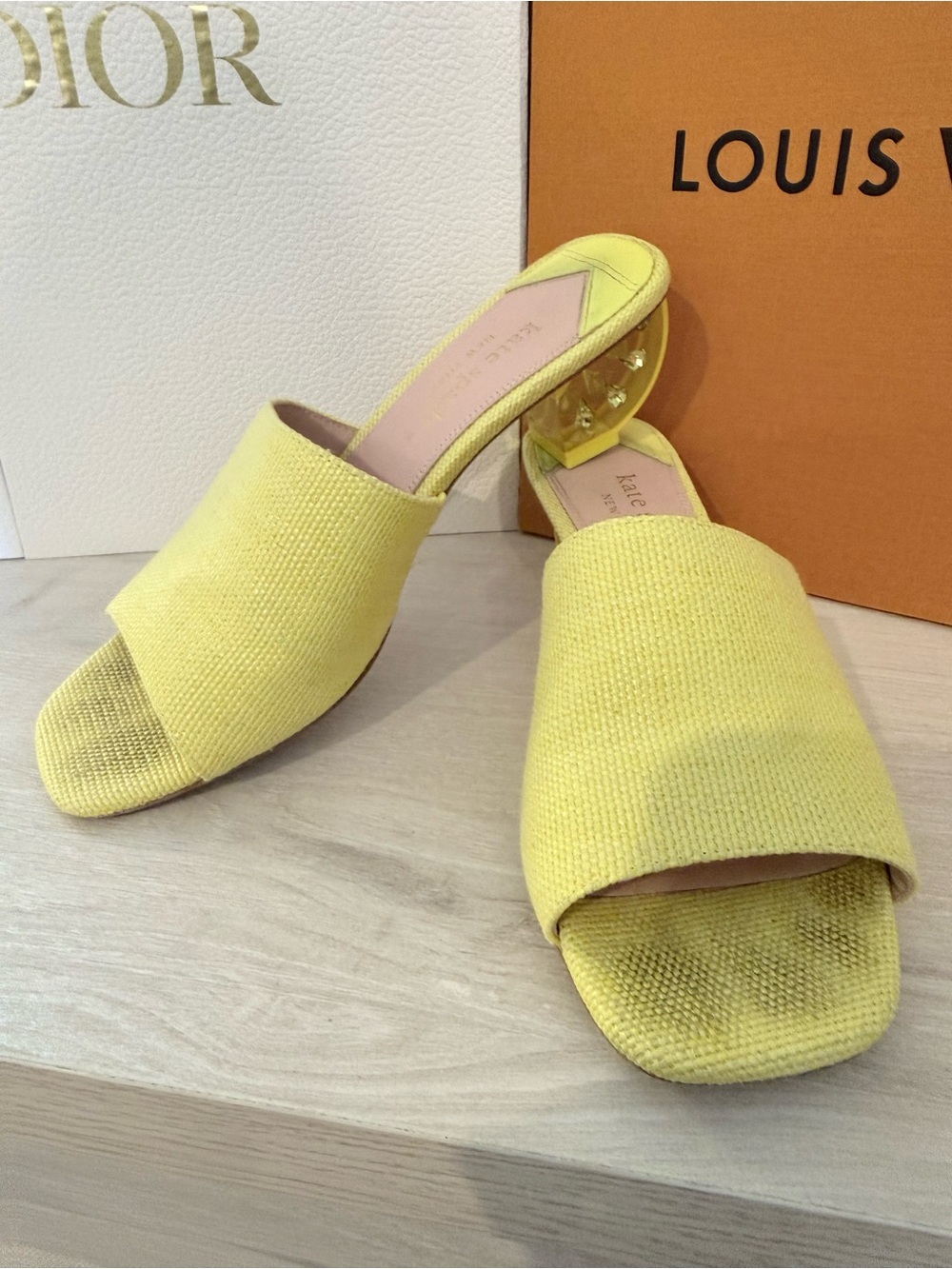 kate spade Bright Yellow Open-Toe Slip-On Mules with Lemon Wedge Heel